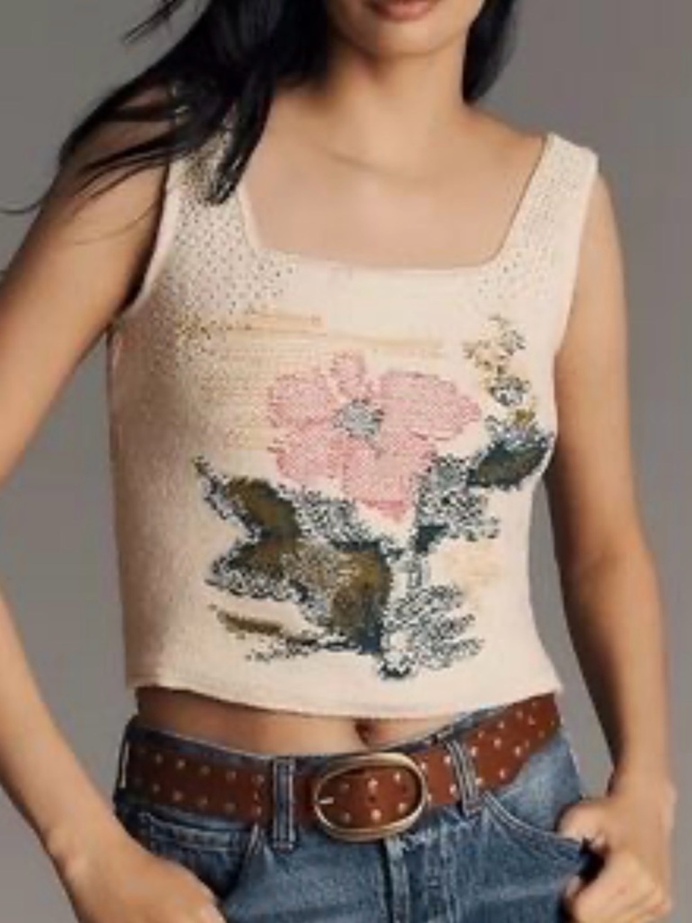 Anthropologie Cream Knit Floral Square-Neck Crop Tank